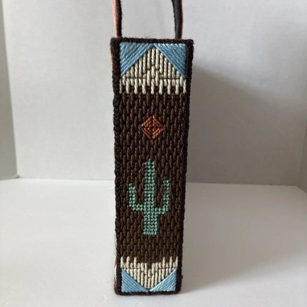 Vintage Handmade Needlepoint Cross Stitch Box Aztec Desert Cactus Purse